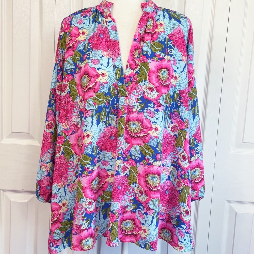 Meritt Blue & Pink Multi Floral V-Neck A-Line Swing Tunic w/ Pockets